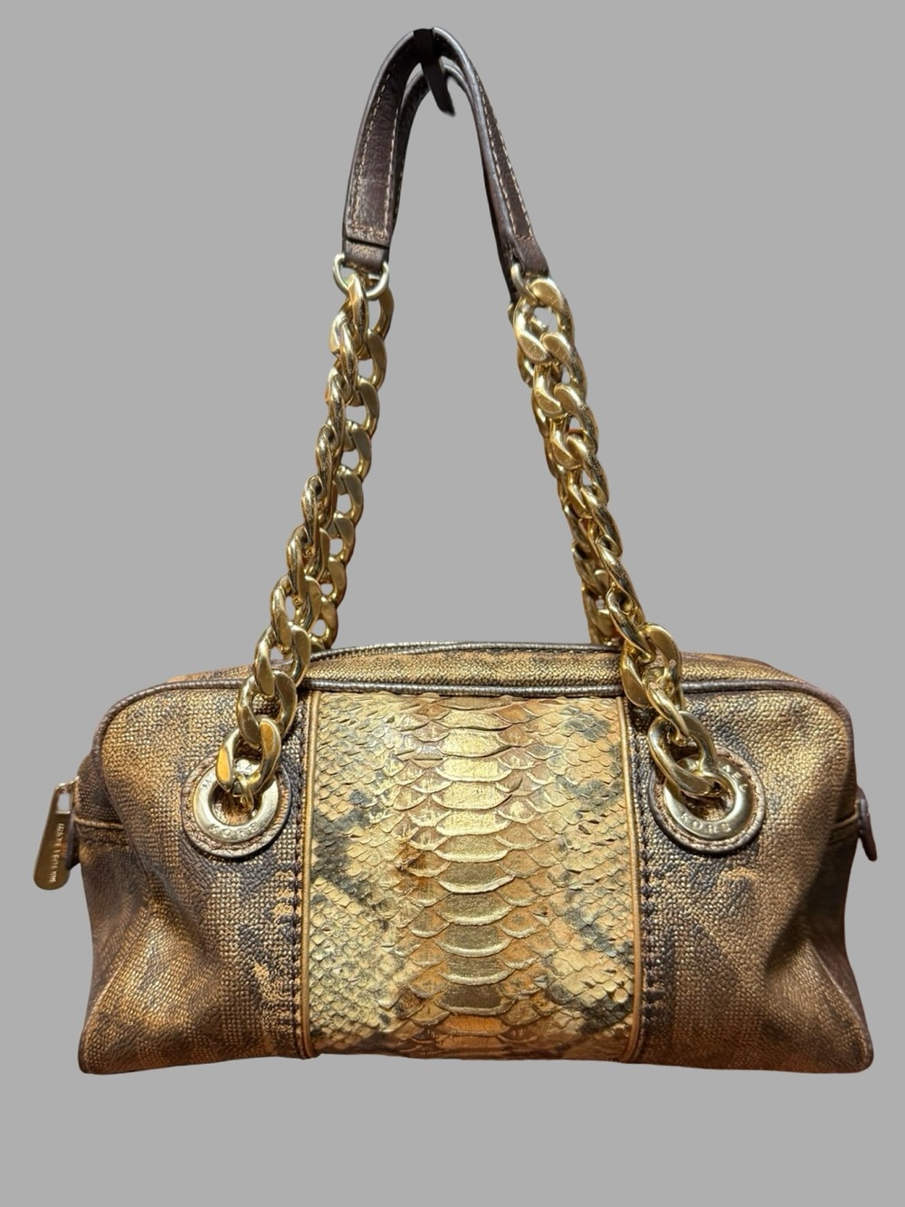 Rare Vintage Michael Kors Grayson Mixed-Media Python/Bronze LeatherChain Satchel